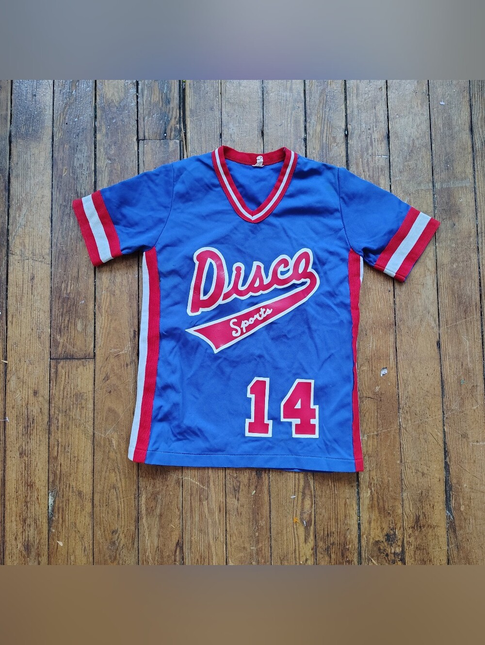 70s Vintage Disco Sports Jersey Womens Sz Medium Baseball Blue Athletic Sporty